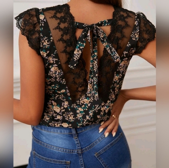 New Boho Mini Floral Lace Top Black Tan Green - Picture 4 of 6